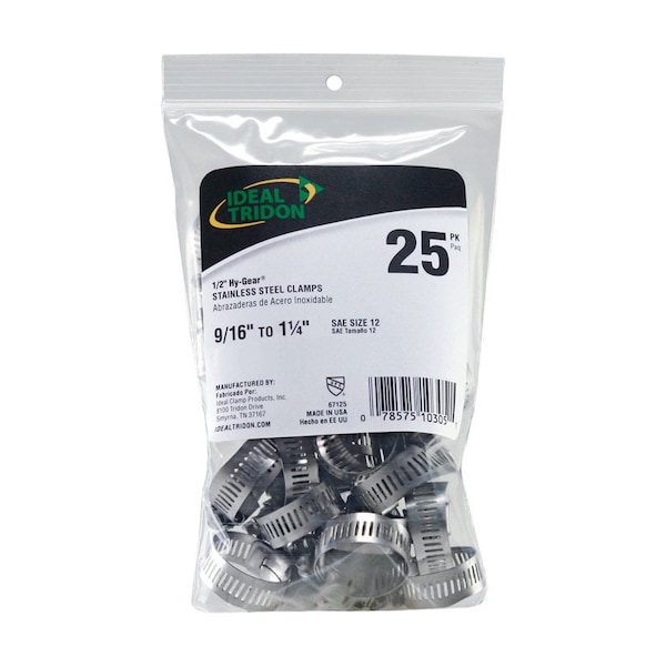Ideal Tridon Hy Gear 9/16 in to 1-1/4 in. SAE 12 Silver Hose Clamp Stainless Steel Band 6712550 - main